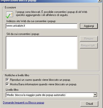 Immagine Itinerari Impostazioni Blocco Popup di Internet Explorer